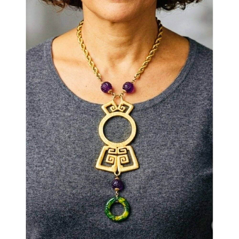 Vintage Cadoro Necklace Statement Runway Greek Key 70s Textured Gold Tone Purple